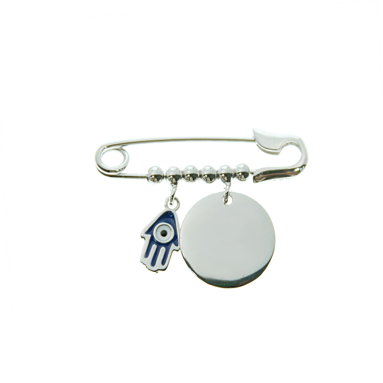 Sterling Silver Hamsa Hand and Disc Safety Pin
