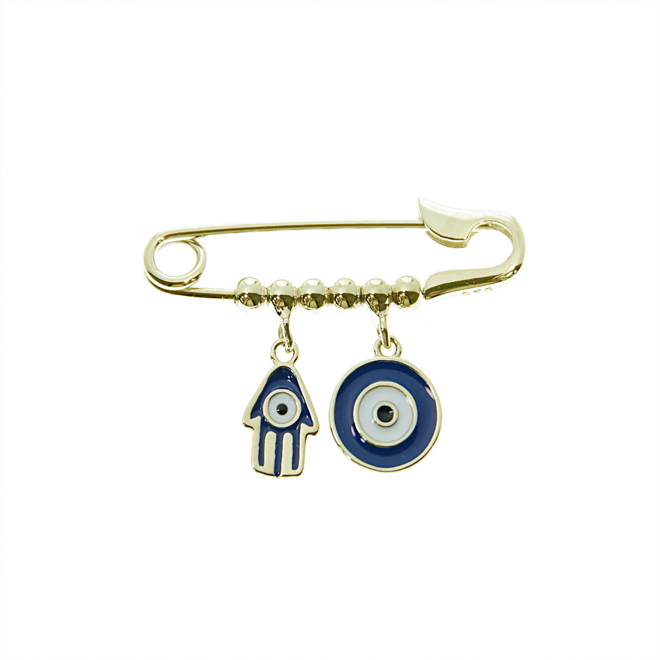 Sterling Silver Enamel Hamsa Hand and Evil Eye Safety Pin