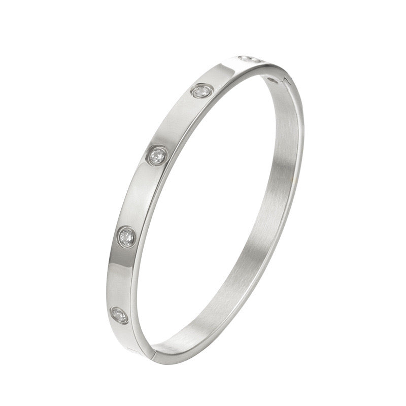 stainless steel silver CZ bangle, silver crystal bracelet, 6mm silver bangle, tarnish-free silver jewellery, unisex stainless steel bracelet