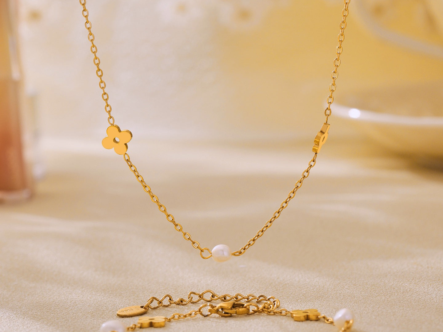pearl clover jewellery set, gold necklace bracelet set, stainless steel pearl jewellery, Susan Rose Jewellery, delicate matching set