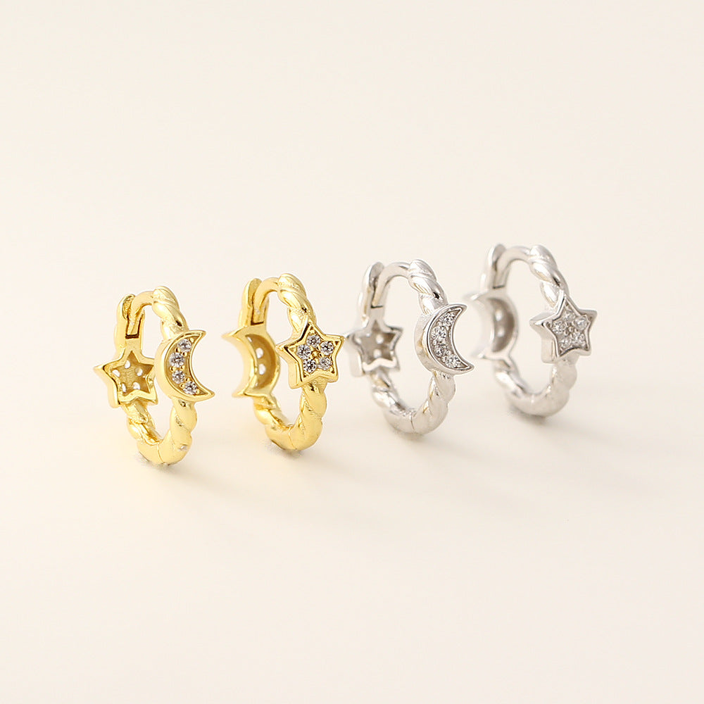 Sterling Silver CZ Moon & Star Earrings – Gold
