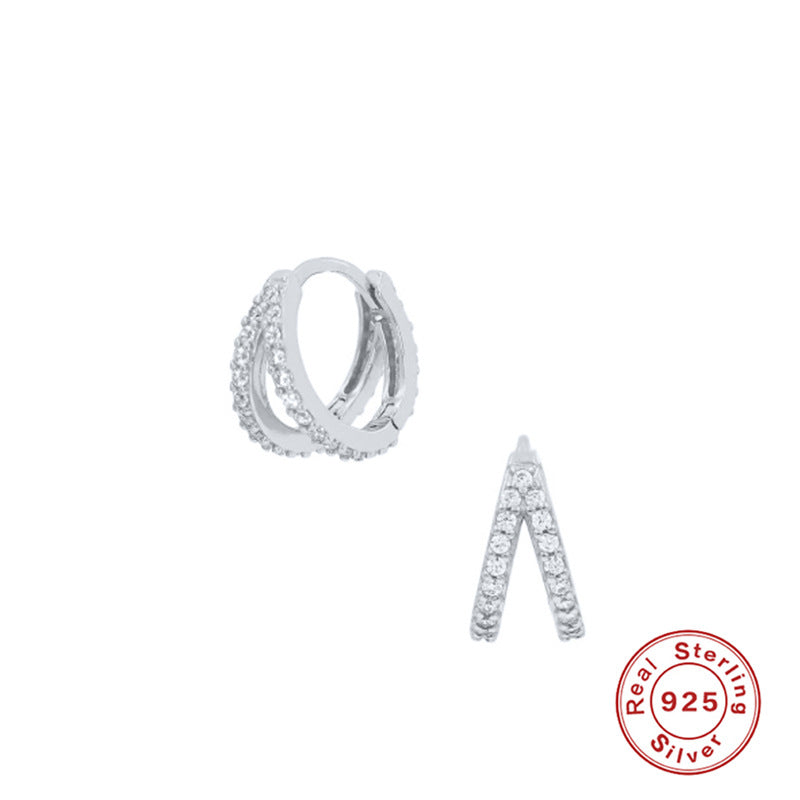 silver triple hoop earrings, sterling silver cz earrings, multi-band earrings, illusion hoop earrings, pave cz silver earrings, layered look earrings